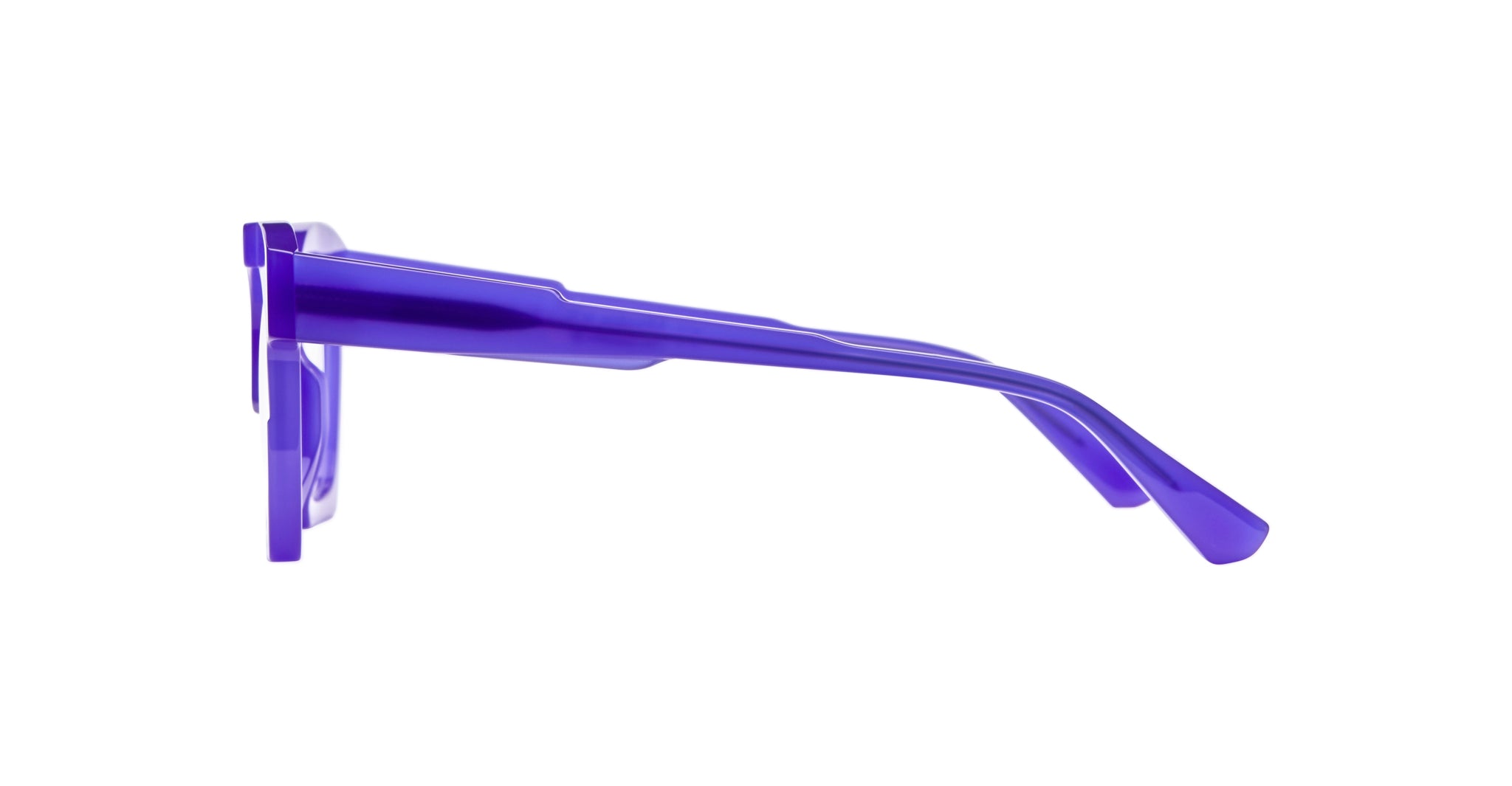 Side view of Kuboraum K5 eyeglasses featuring thick, rectangular, glossy purple frames set against a white background.