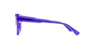 Side view of Kuboraum K5 eyeglasses featuring thick, rectangular, glossy purple frames set against a white background.