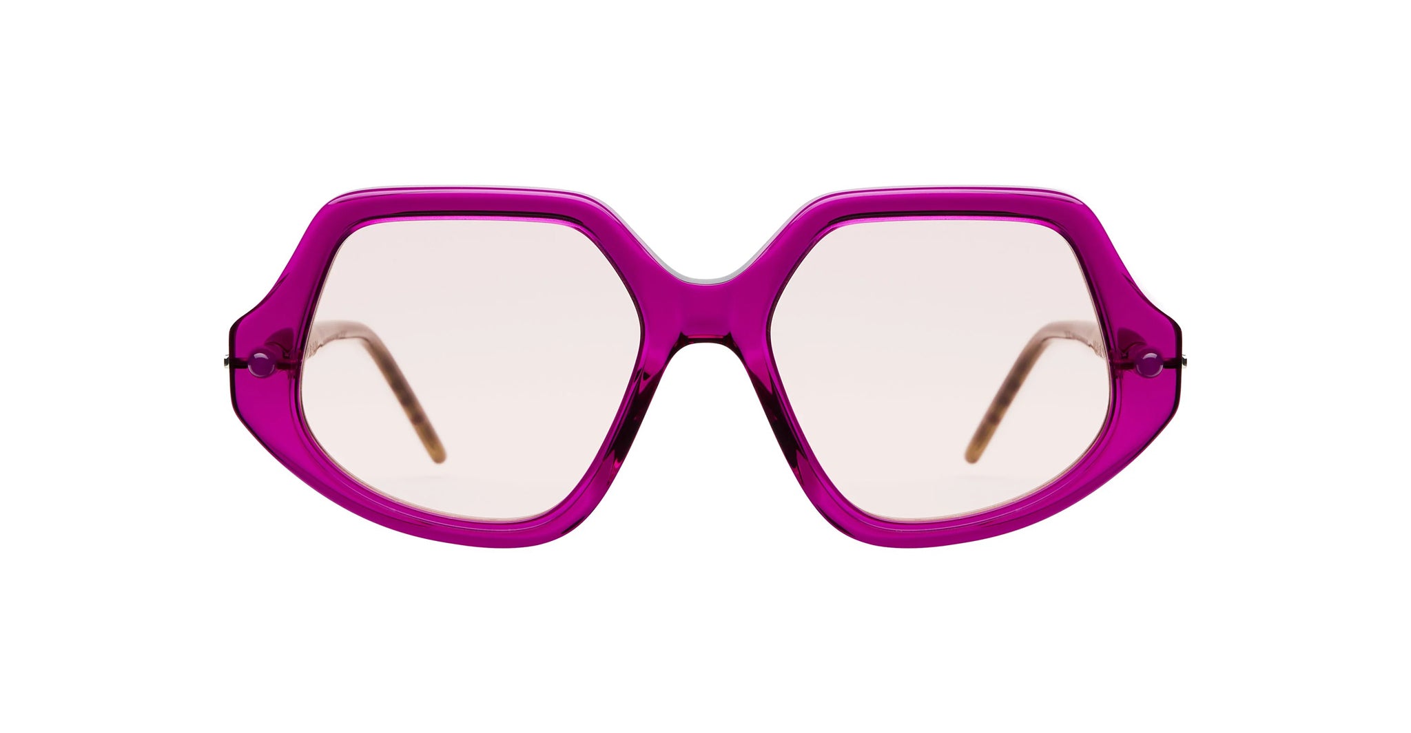 Front view of KUBORAUM P20 oversized geometric sunglasses with bright pink frames and retro lenses.