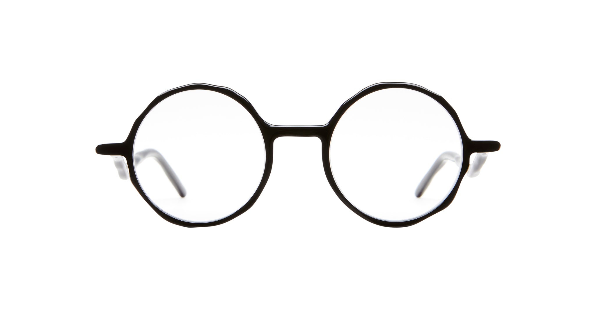 KUBORAUM Kuboraum L11 round black eyeglasses with clear lenses, front-facing view. Eyeglass frames feature circular design.