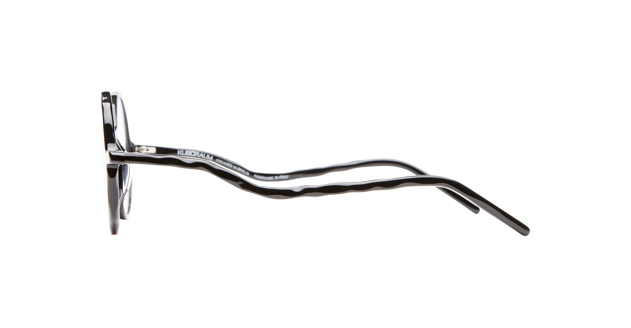 Side view of KUBORAUM L11 black round eyeglasses featuring wavy textured arms and minimalist design.
