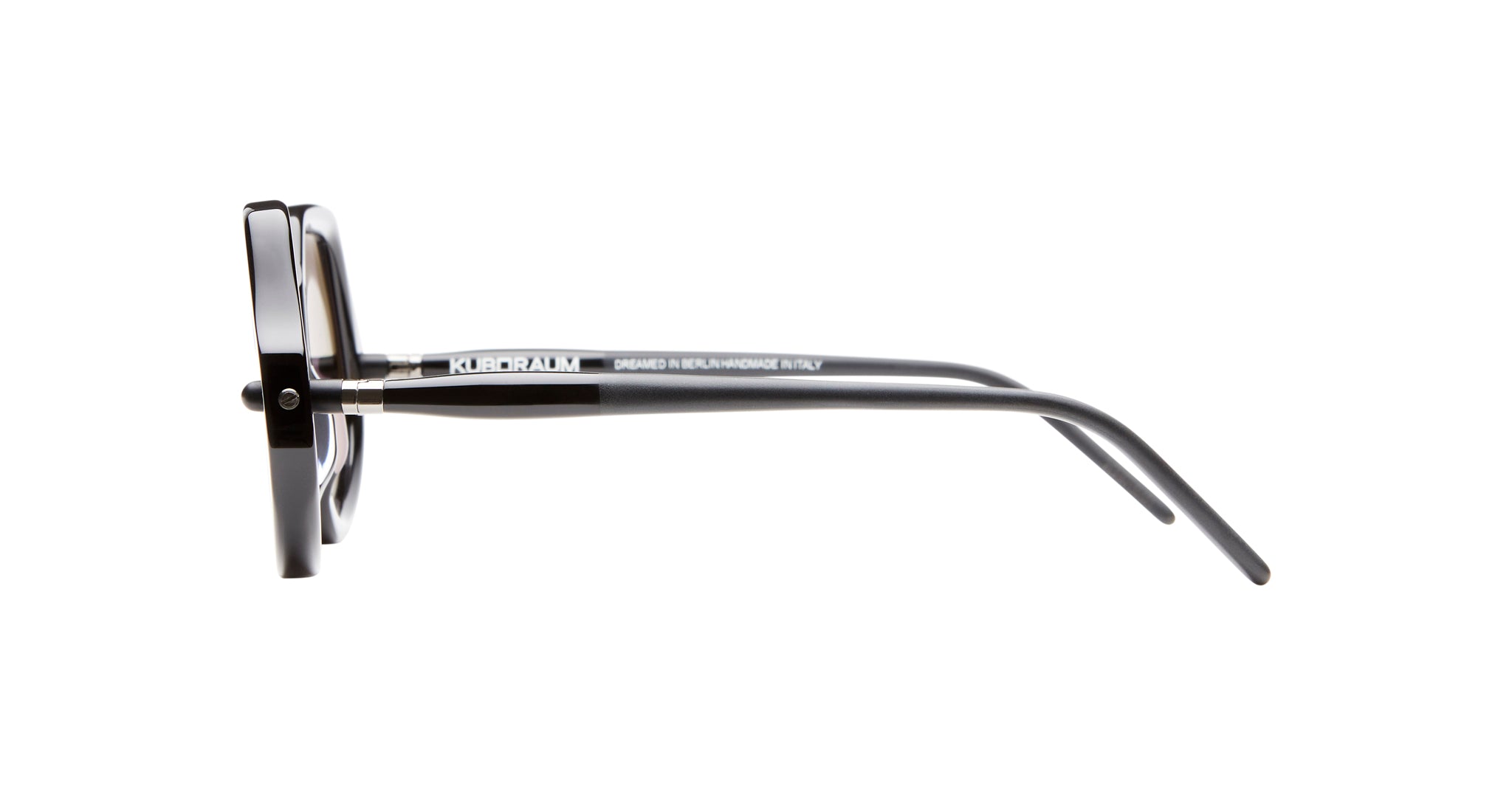 Side view of Kuboraum P20 black acetate eyeglasses with clear lenses, featuring temple arms and KUBORAUM logo branding.
