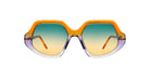 Kuboraum P20 sunglasses by KUBORAUM, geometric shape, orange-purple frames, blue-yellow ombré lenses, shown from the front.