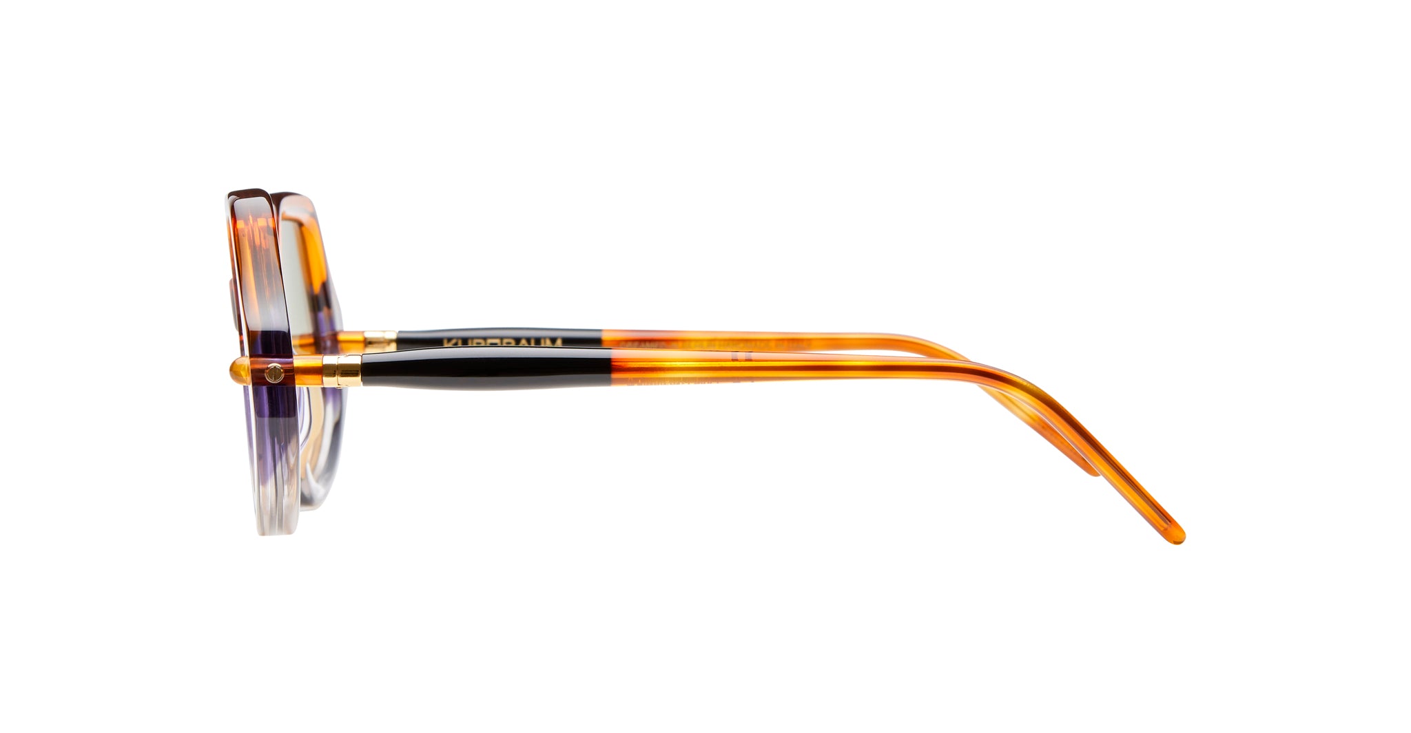 Side view of Kuboraum P20 eyeglasses, orange and clear frames with black accents, by KUBORAUM.