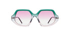 Kuboraum P20 sunglasses feature an oversized hexagonal shape, green-pink gradient frame, and pink lenses; front view.