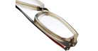 Close-up of the Kuboraum P20 eyeglasses with translucent light brown rectangular frames and clear lenses, displayed at an angle on a white background.