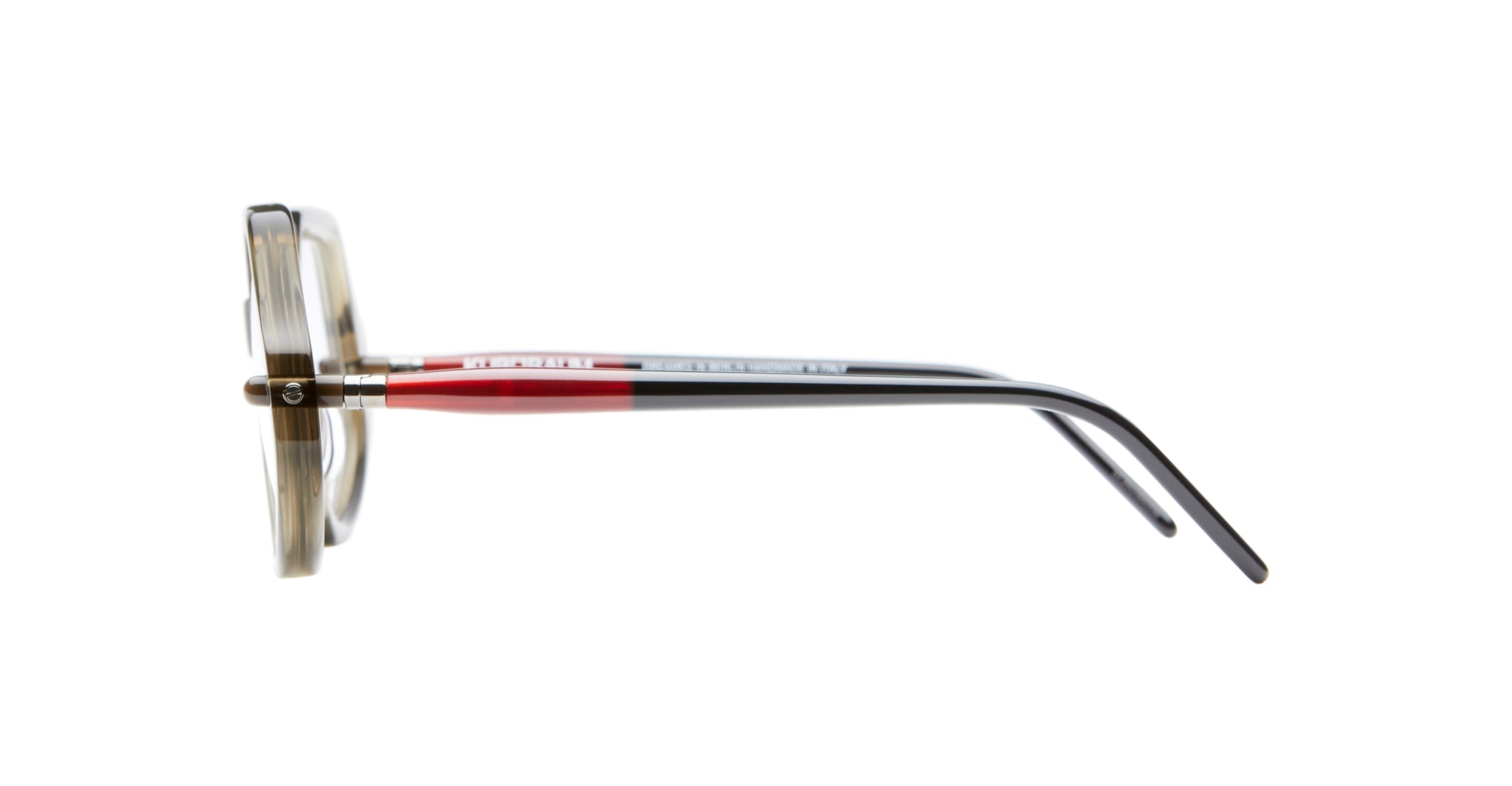 Side view of Kuboraum P20 eyeglasses with transparent frames and multicolored arms in beige, red, and black, shown against a plain white background.