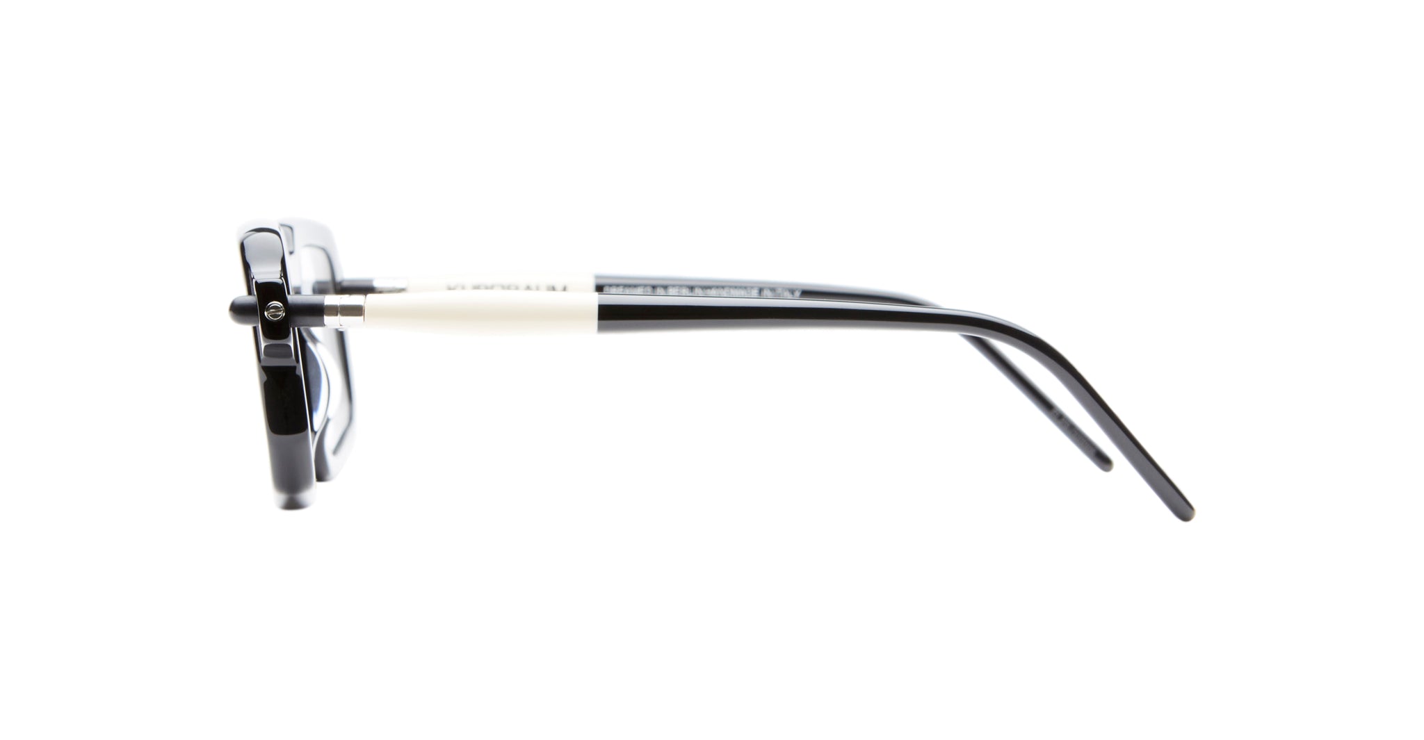 Side view of Kuboraum P23 eyeglasses featuring black rims and white-accented temples, displayed on a plain white background.