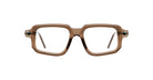 Kuboraum P23 brown rectangular eyeglasses with thick, transparent frames and clear lenses are shown from the front against a white background.