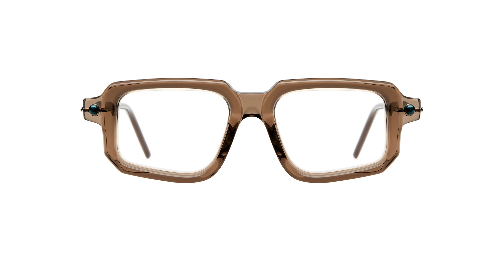Kuboraum P23 brown rectangular eyeglasses with thick, transparent frames and clear lenses are shown from the front against a white background.