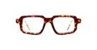 The Kuboraum P23 eyeglasses feature thick, rectangular tortoiseshell frames and clear lenses, displayed facing forward on a white background.