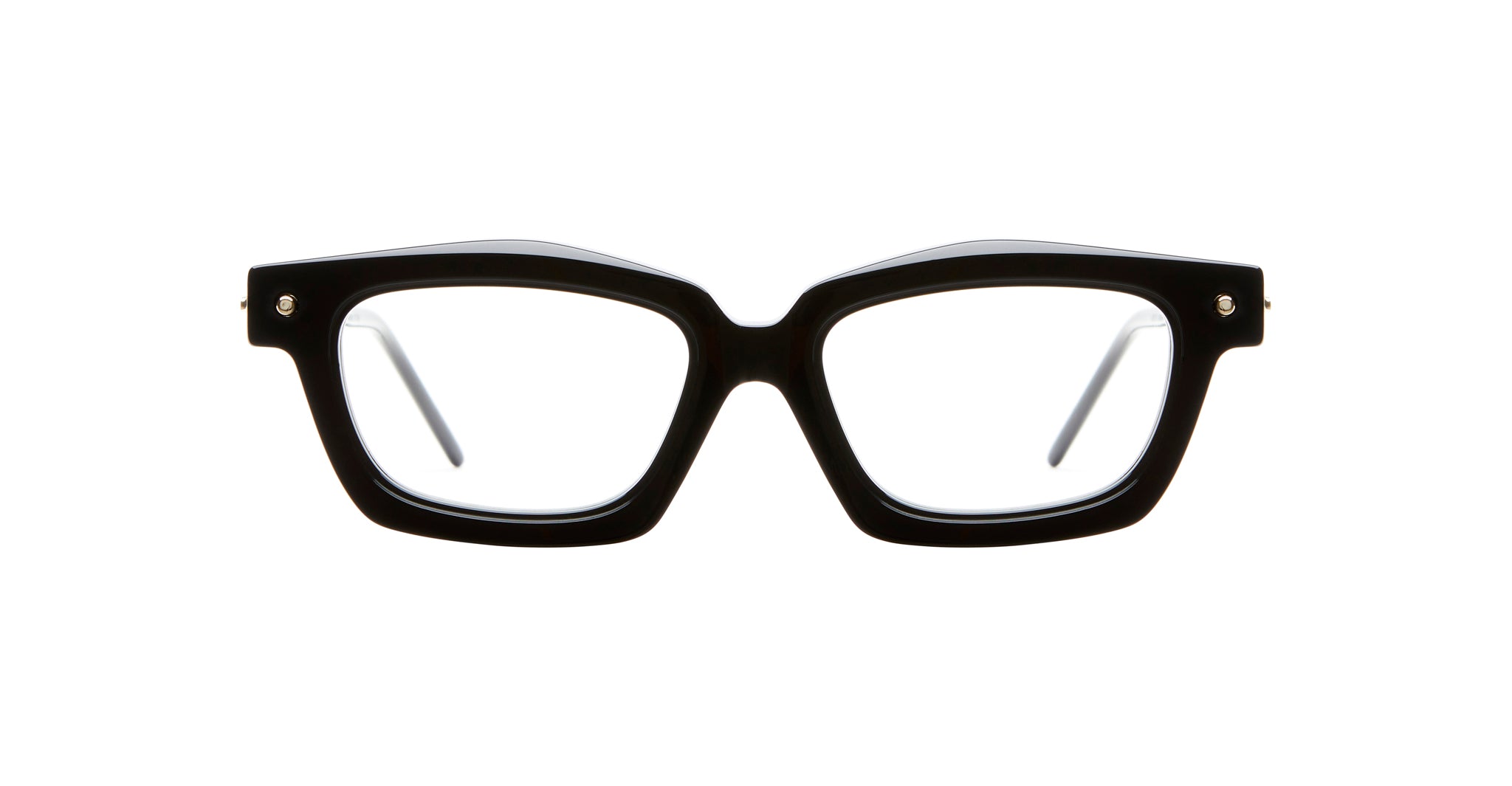 Kuboraum P25 eyeglasses in black feature thick rectangular rims and clear lenses, displayed front-facing on a white background.