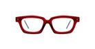 The Kuboraum P25 features red, thick-rimmed rectangular frames with clear lenses, displayed from the front against a white background.