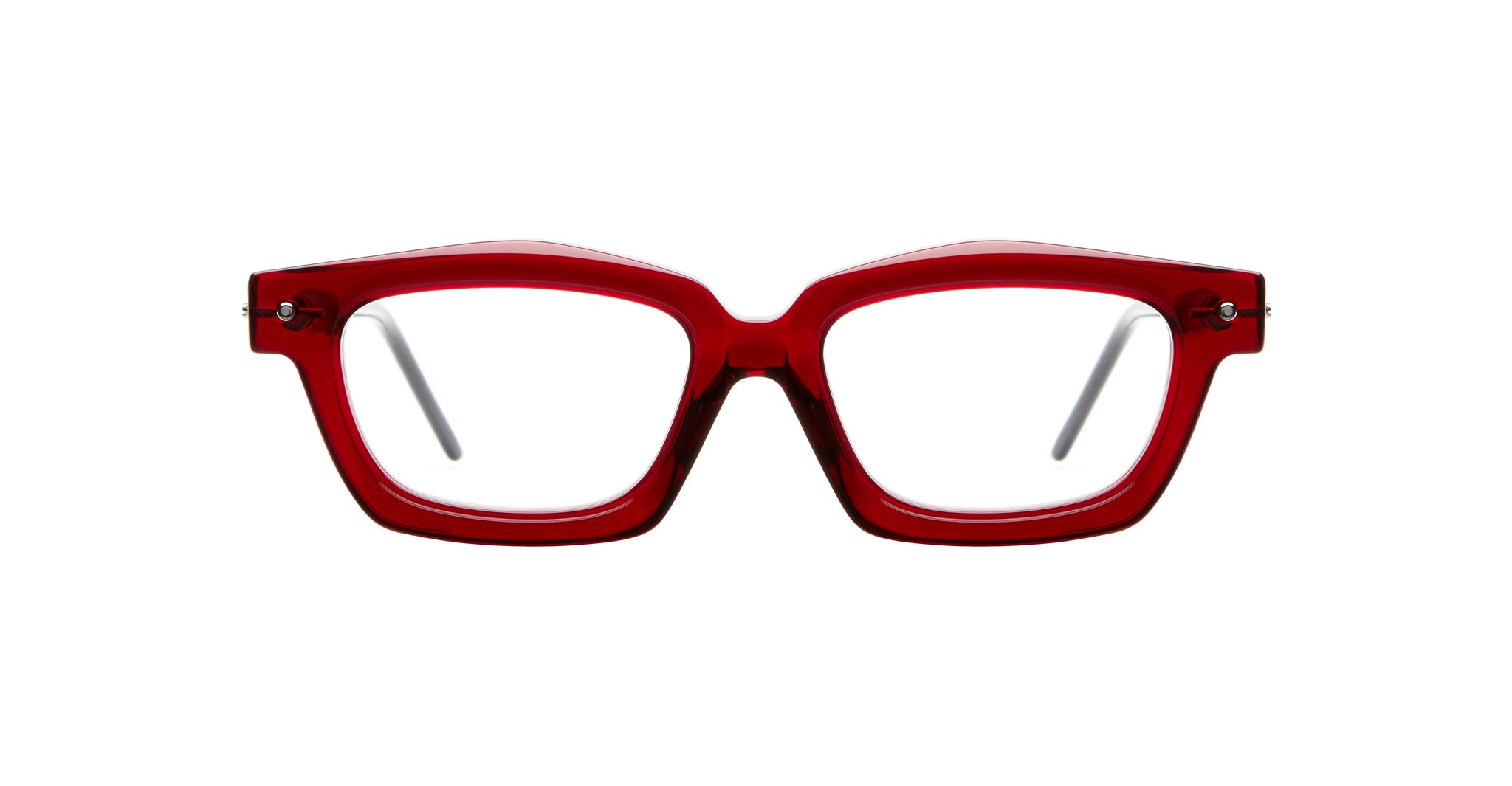 The Kuboraum P25 features red, thick-rimmed rectangular frames with clear lenses, displayed from the front against a white background.