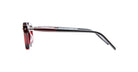 Side view of Kuboraum P25 eyeglasses with dark red and black frames, featuring extended temples and arms against a white background.