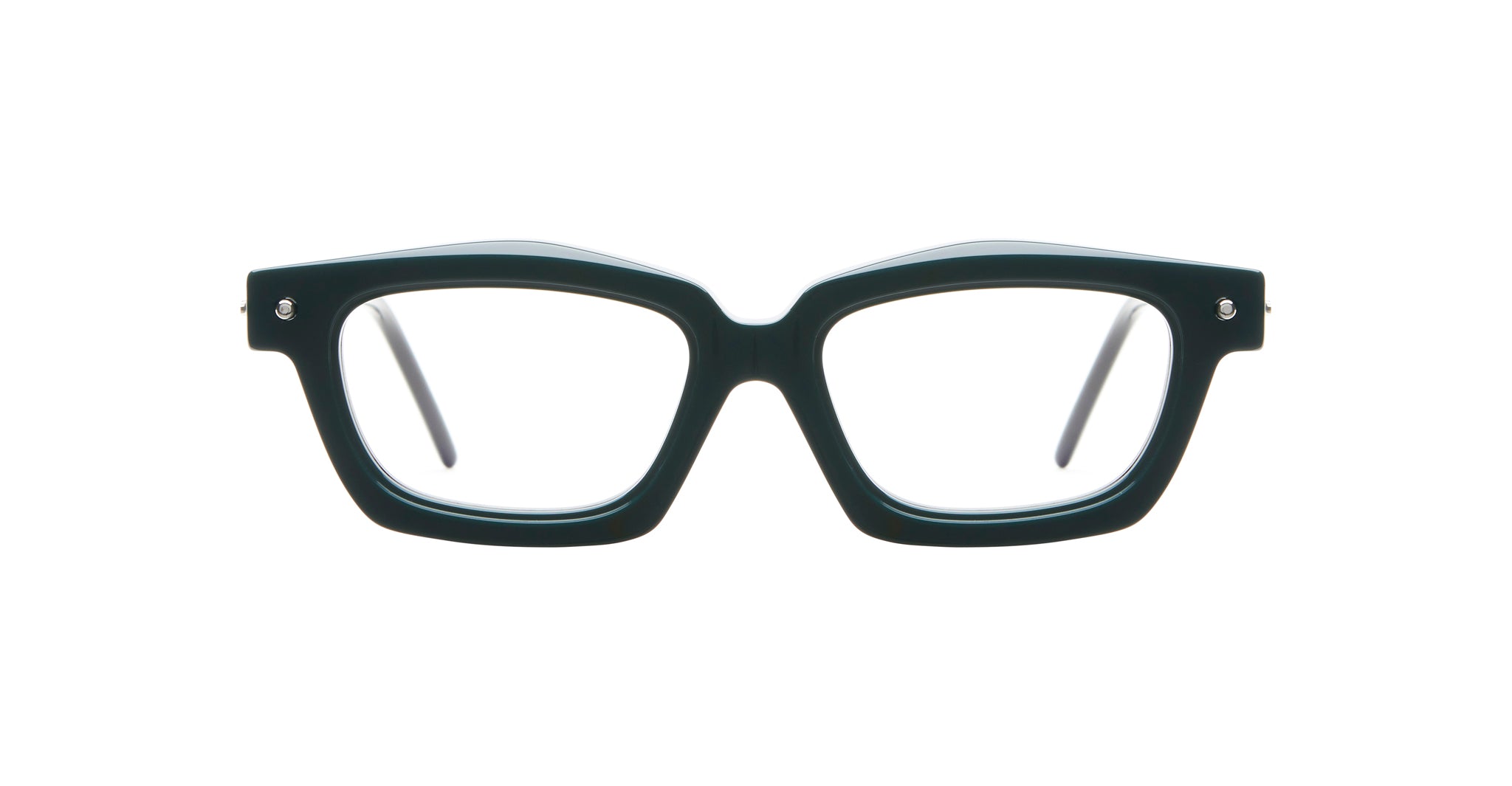 Front view of Kuboraum P25 black rectangular eyeglasses with thick frames and clear lenses, displayed on a white background.