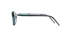 Side view of Kuboraum P25 eyeglasses in teal and black with rectangular frames, displayed against a white background. The arms are black and feature teal highlights near the hinges.