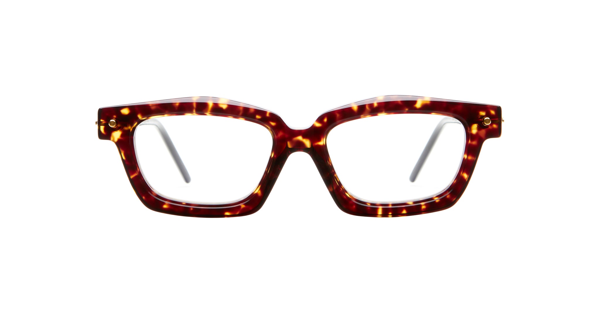 Kuboraum P25 rectangular eyeglasses with thick, tortoiseshell-patterned frames and clear lenses, shown on a white background.