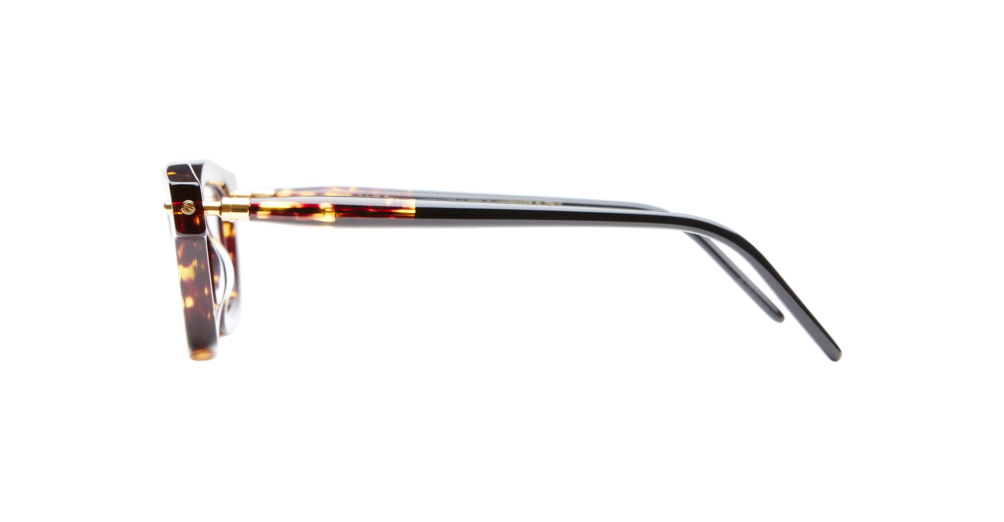 Side view of Kuboraum P25 eyeglasses featuring tortoiseshell-patterned frames, gold accents by the hinges, and black temple arms, displayed on a plain white background.