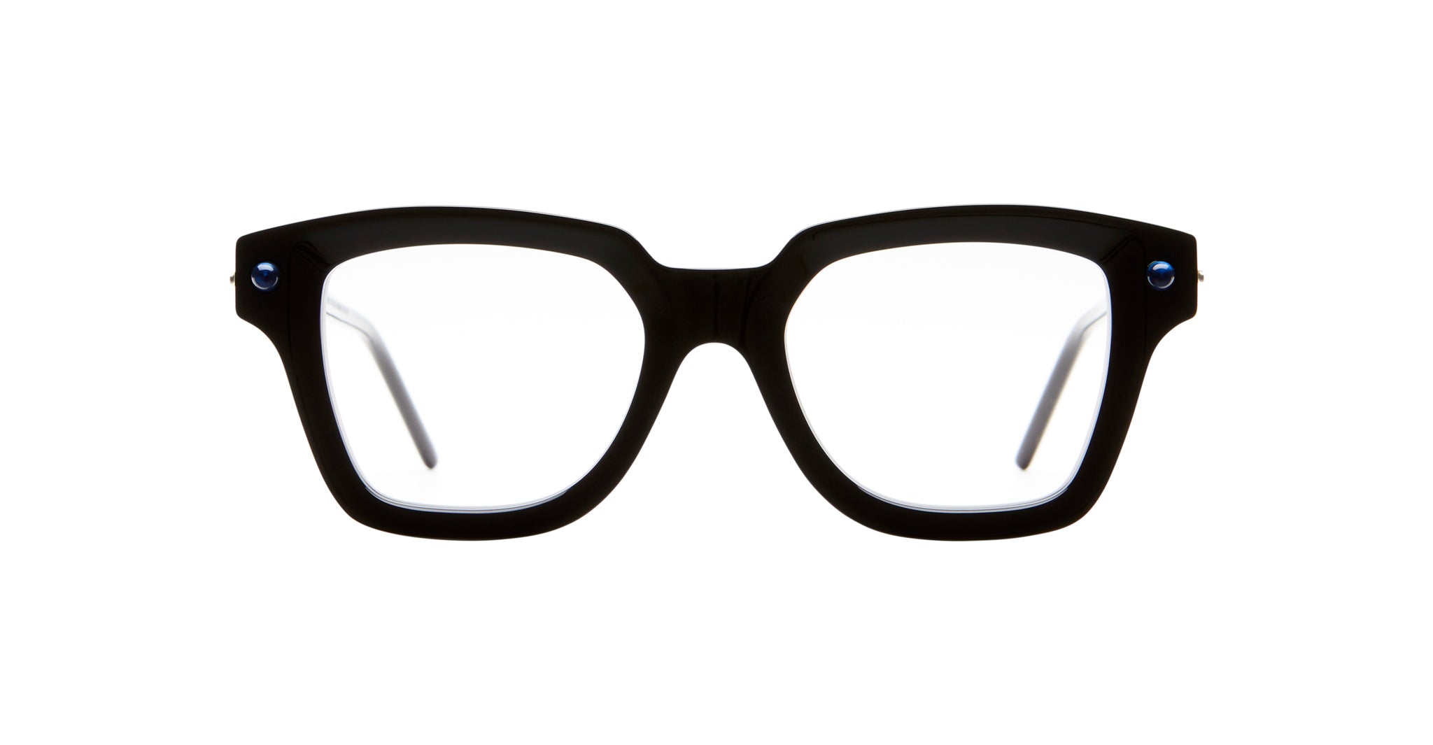 Kuboraum P28 eyeglasses by KUBORAUM, black rectangular frames with clear lenses shown from the front.