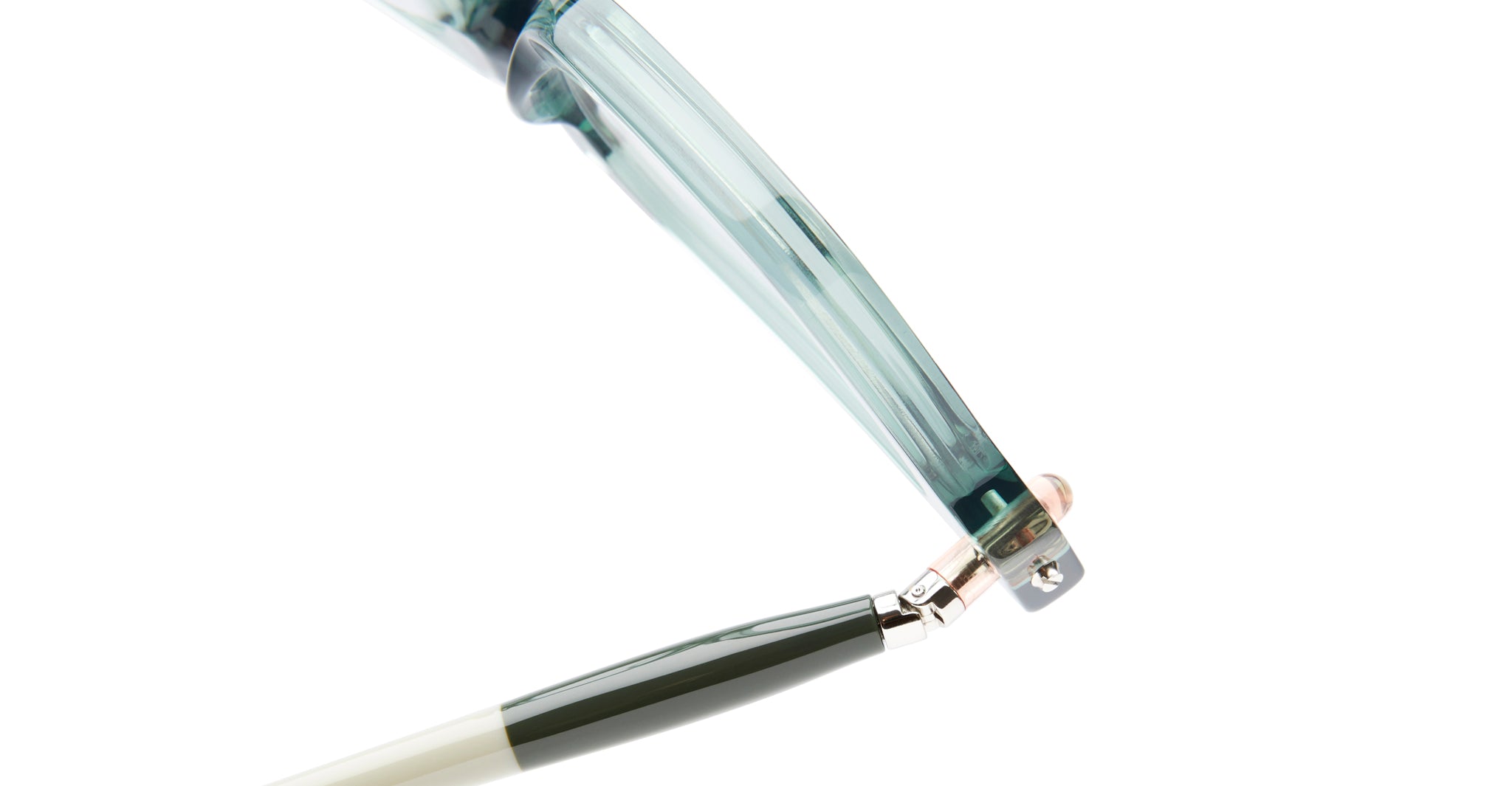 Close-up view of KUBORAUM Kuboraum P28 eyeglasses showing the hinge connecting the arm to the frame.