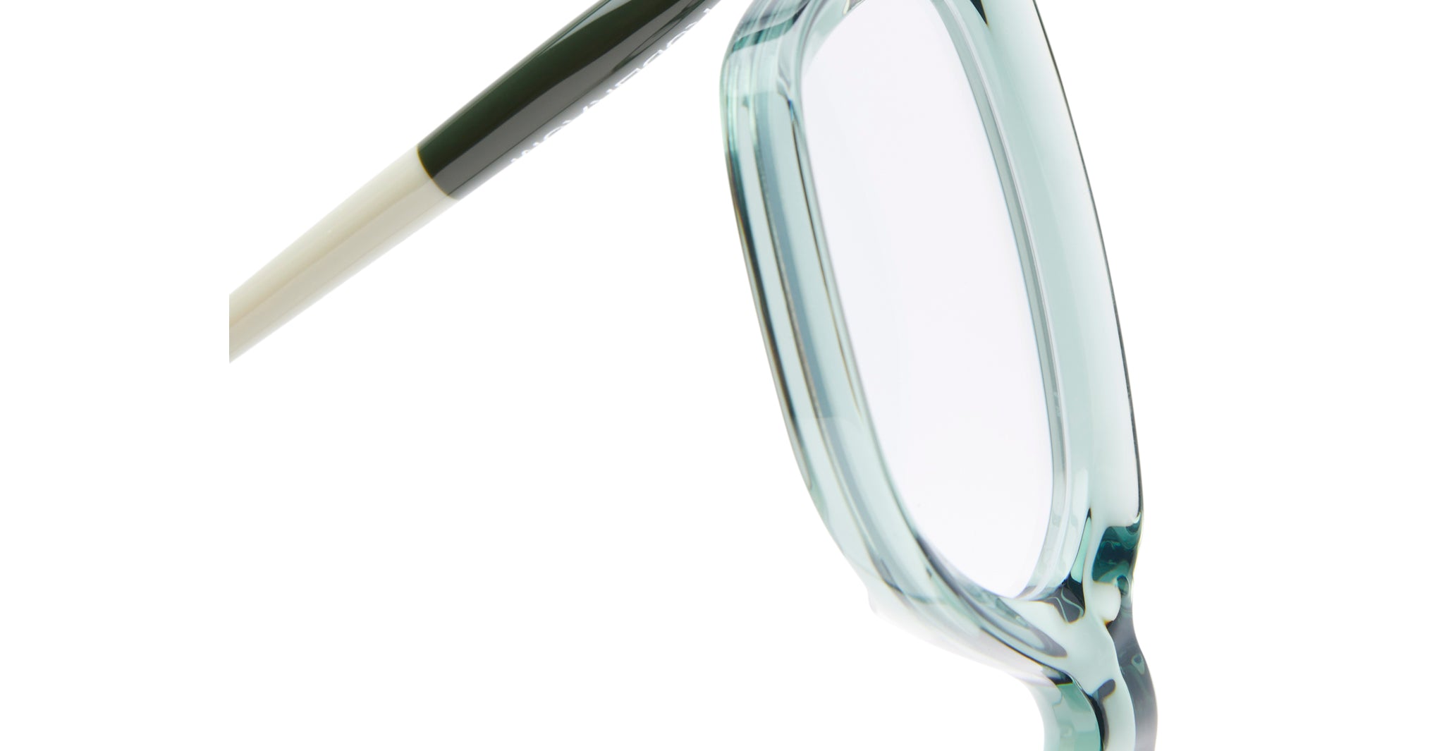 Close-up of KUBORAUM Kuboraum P28 eyeglasses with translucent light blue acetate frames and clear lenses, side and front views.