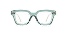 Kuboraum P28 eyeglasses by KUBORAUM, thick transparent light blue rectangular frames, front view.