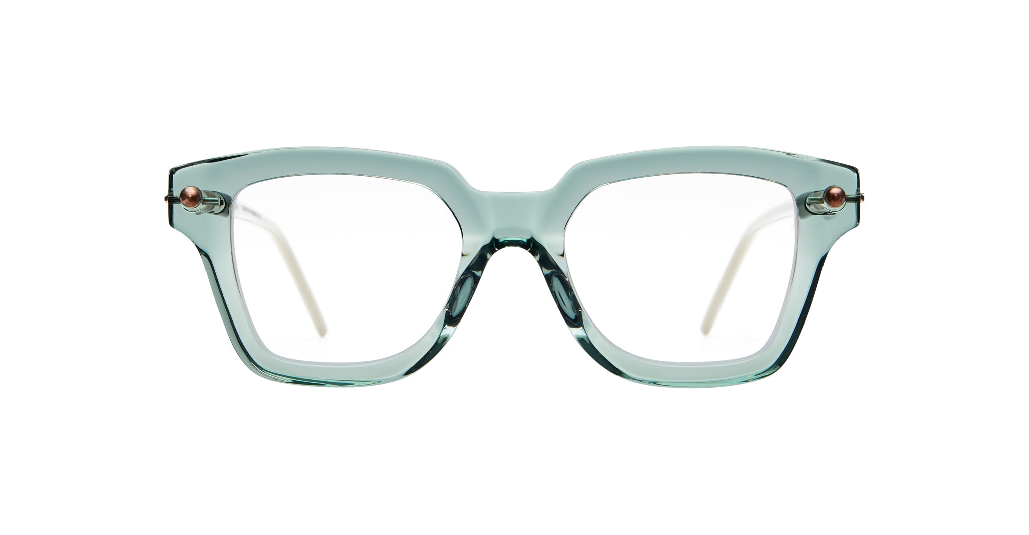 Kuboraum P28 eyeglasses by KUBORAUM, thick transparent light blue rectangular frames, front view.