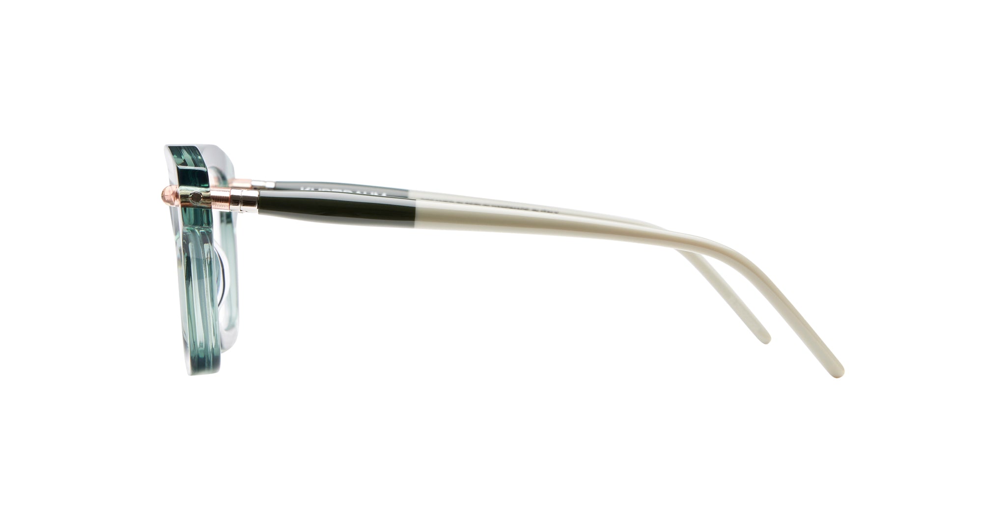 Side view of KUBORAUM Kuboraum P28 eyeglasses featuring clear green frames and beige arms.