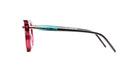 Side view of Kuboraum P28 eyeglasses by KUBORAUM featuring a red frame, blue temples, and black arms.