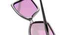 Close-up of KUBORAUM P30 black-framed polarized sunglasses with purple-tinted lenses, front angle view.