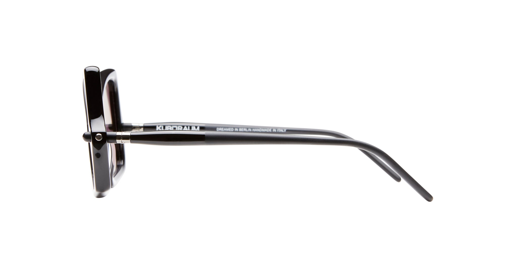 Side view of Kuboraum P30 black rectangular eyeglass frames with slim temples and acetate finish, eyeglasses by KUBORAUM.