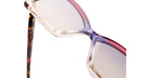 Close-up of KUBORAUM P30 eyeglasses, showing gradient pink-purple rectangular frames and tortoiseshell-patterned arms.
