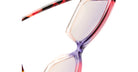 Close-up of KUBORAUM P30 eyeglasses with pink and purple acetate frames and tortoiseshell-patterned arms, front angle view.