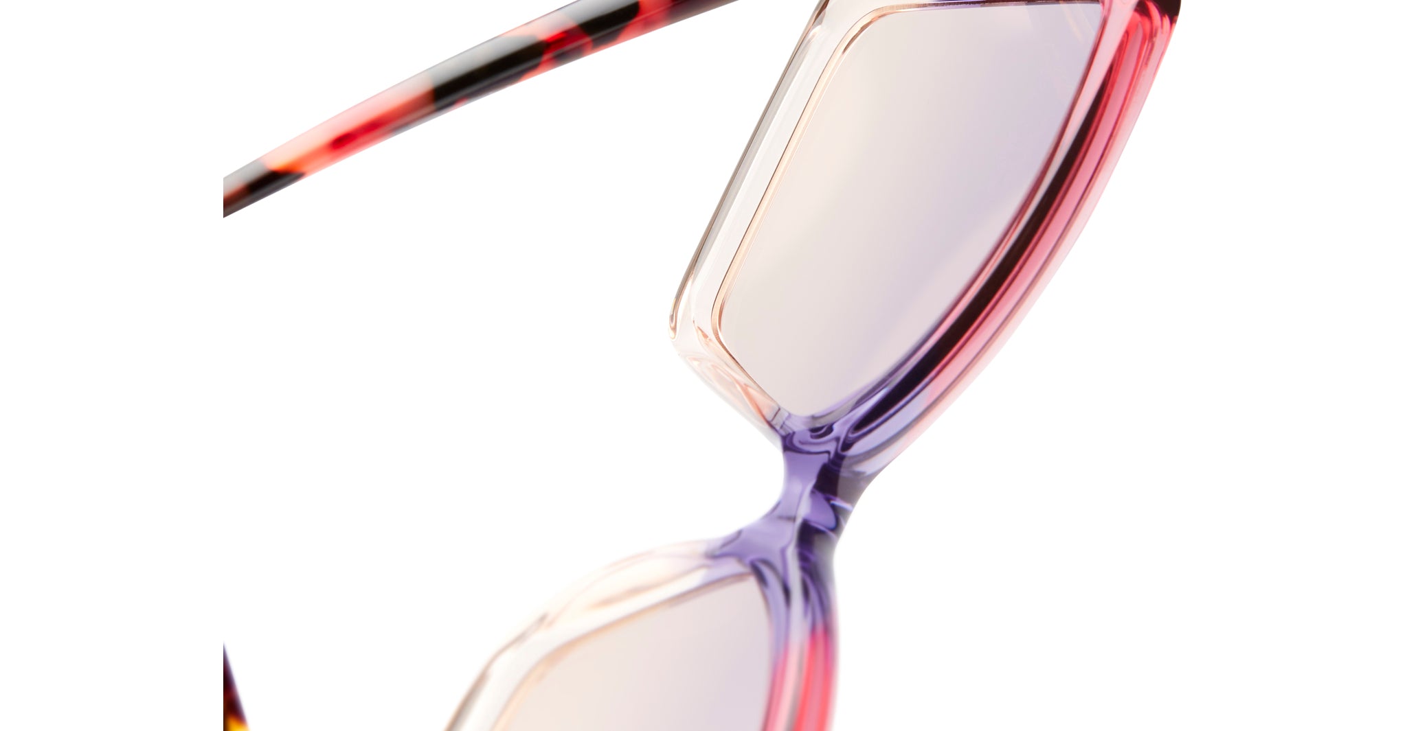 Close-up of KUBORAUM P30 eyeglasses with pink and purple acetate frames and tortoiseshell-patterned arms, front angle view.