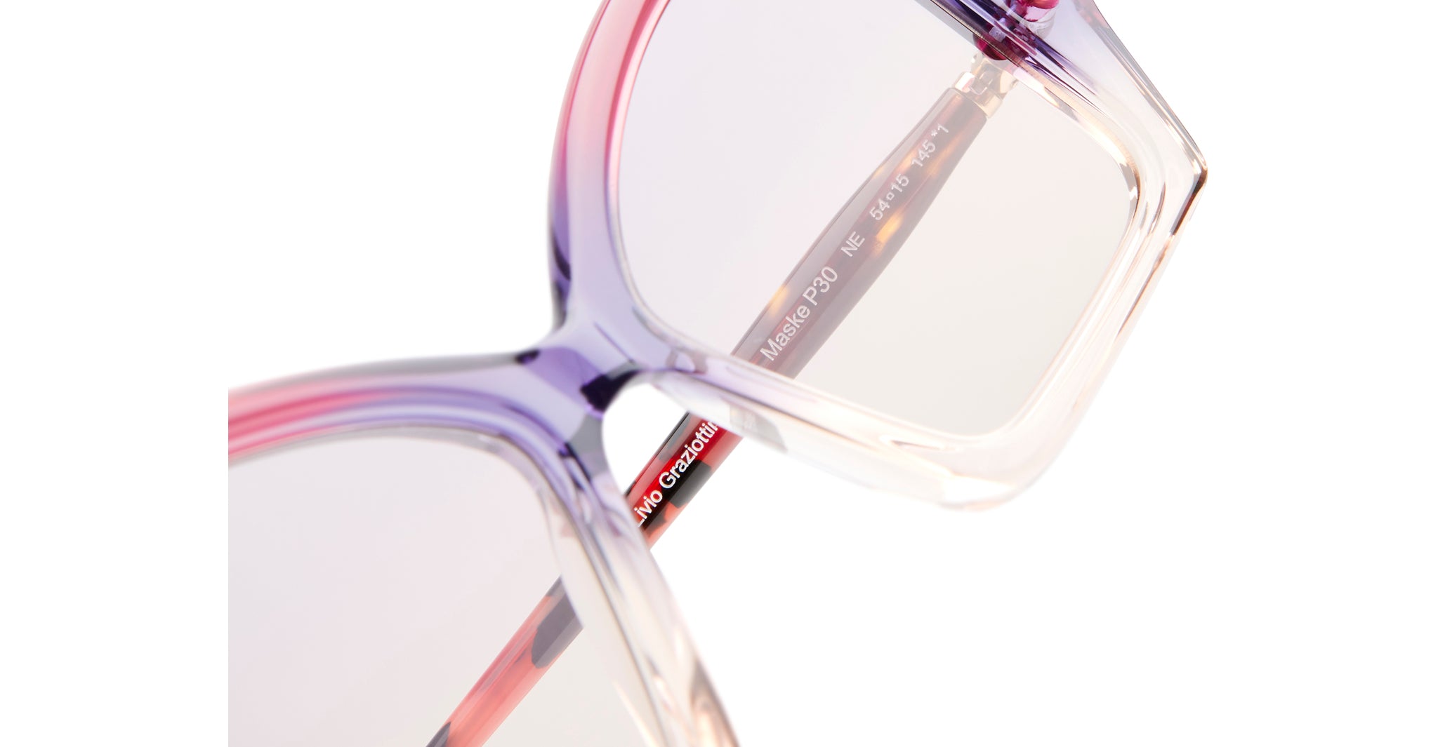 Close-up view of KUBORAUM P30 square eyeglasses in pink-purple gradient plastic with branded arms.