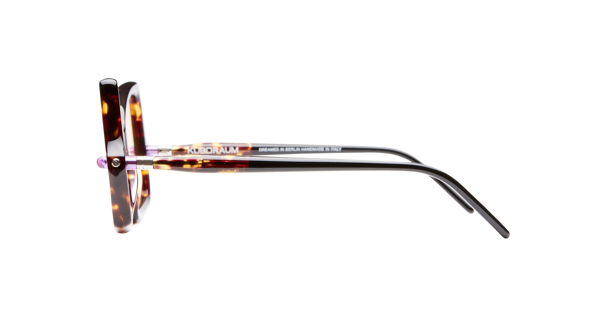 Side view of KUBORAUM P30 eyeglasses featuring tortoiseshell frames and black acetate arms.