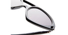 Close-up of KUBORAUM P31 black sunglasses, round lenses, glossy frame, and sturdy hinge detail visible from a frontal angle.