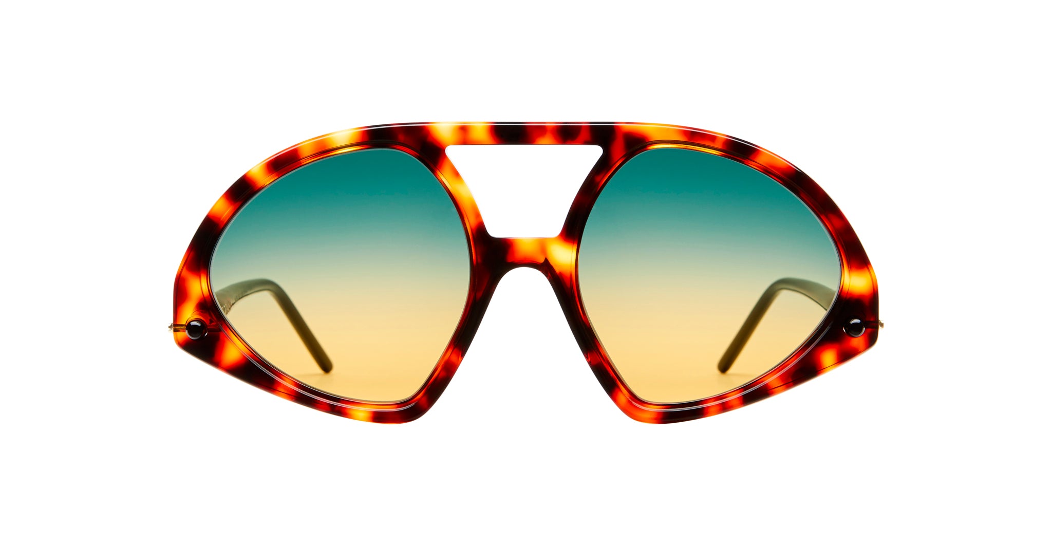 KUBORAUM P31 tortoiseshell sunglasses feature oversized geometric frames and polarized blue-yellow gradient lenses, front view.