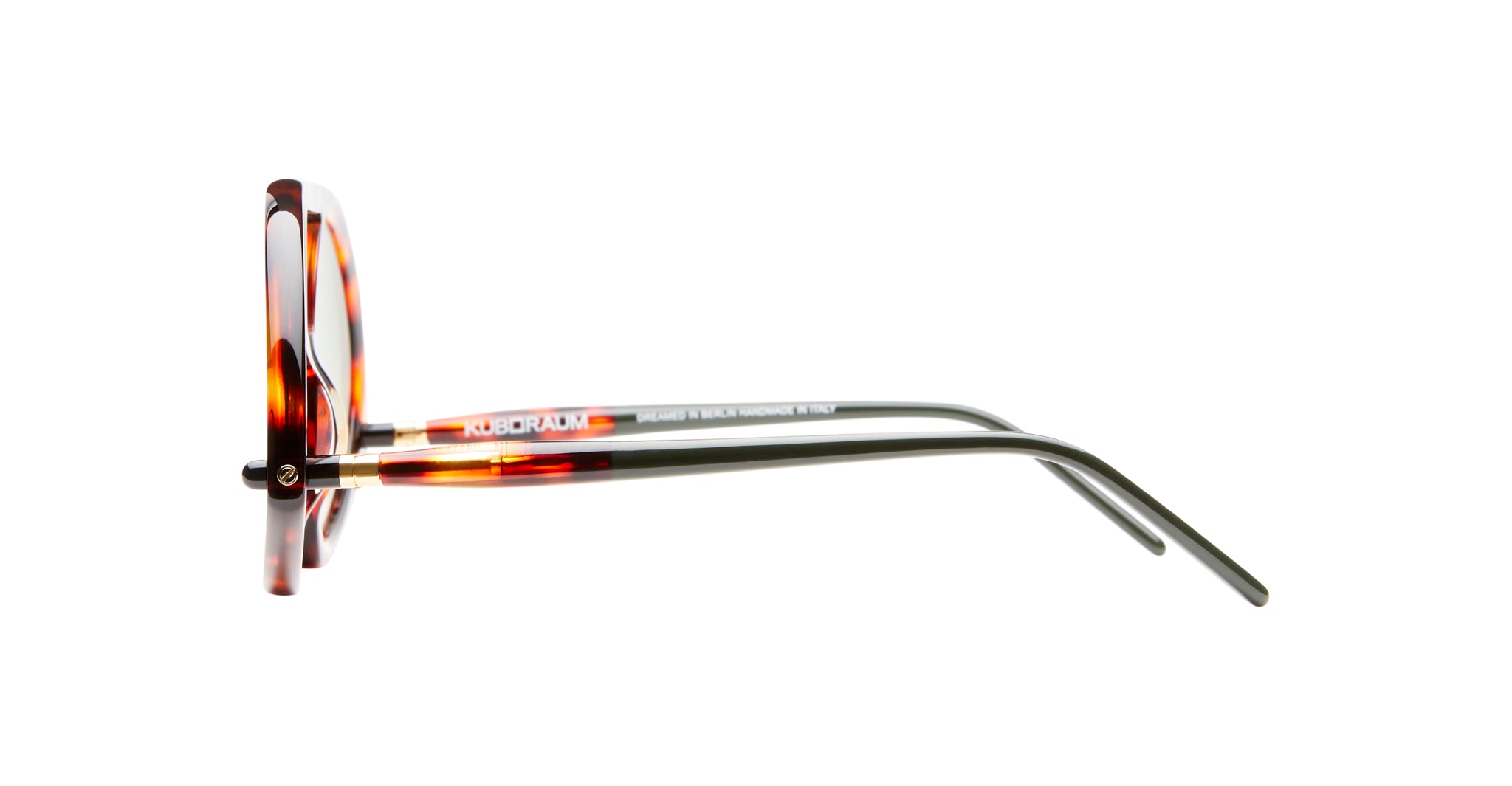 Side view of KUBORAUM Kuboraum P31 eyeglasses with tortoiseshell frames and thin dark arms.