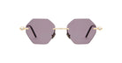 The Kuboraum P54 sunglasses feature hexagonal purple-tinted lenses, thin gold frames, and pearl-like embellishments at the outer corners, shown from the front.