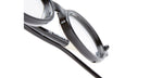 Close-up of Kuboraum P6 black eyeglass frames with clear lenses, highlighting the temple and hinge details against a white background.
