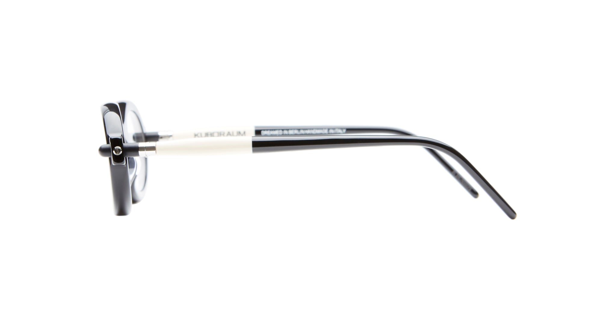 Side view of Kuboraum P6 black-rimmed eyeglasses with straight temples and white detail near the hinges, displayed on a white background.