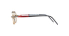 Side view of Kuboraum P6 eyeglasses with clear round frames and black arms featuring a red accent near the hinges, set against a white background.