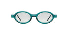 Round eyeglasses with teal translucent frames and clear lenses, shown against a white background. The arms of the glasses are thin and black.