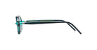 Side view of a pair of stylish eyeglasses with round green frames and black temples. The temple arm features the brand name KUBORAUM and additional printed details in green. The background is white.