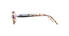 Side view of Kuboraum P6 eyeglasses featuring a translucent, tortoiseshell-patterned frame with “KUBORAUM” on the temple, set against a plain white background.