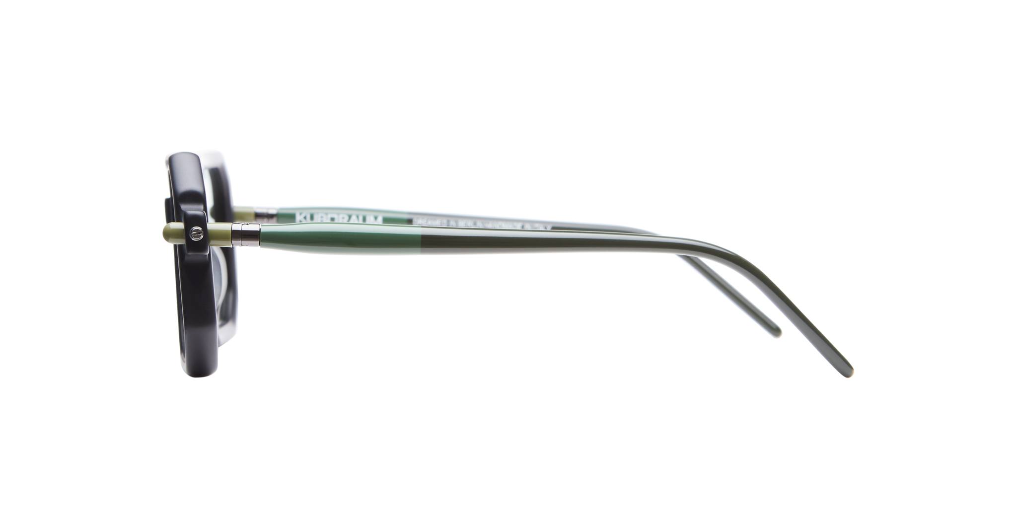 Side view of KUBORAUM P8 black eyeglasses with green temples, showing hinge detail. Eyeglasses are displayed from the side angle.