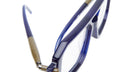 Close-up view of Kuboraum P8 blue eyeglass frames with clear lenses and brown-accented temples, shown against a white background.