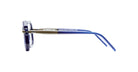 Side view of Kuboraum P8 blue eyeglasses with clear rims and gold-colored metal hinges on a white background. The slim temples transition from gold at the hinge to translucent blue at the tips.